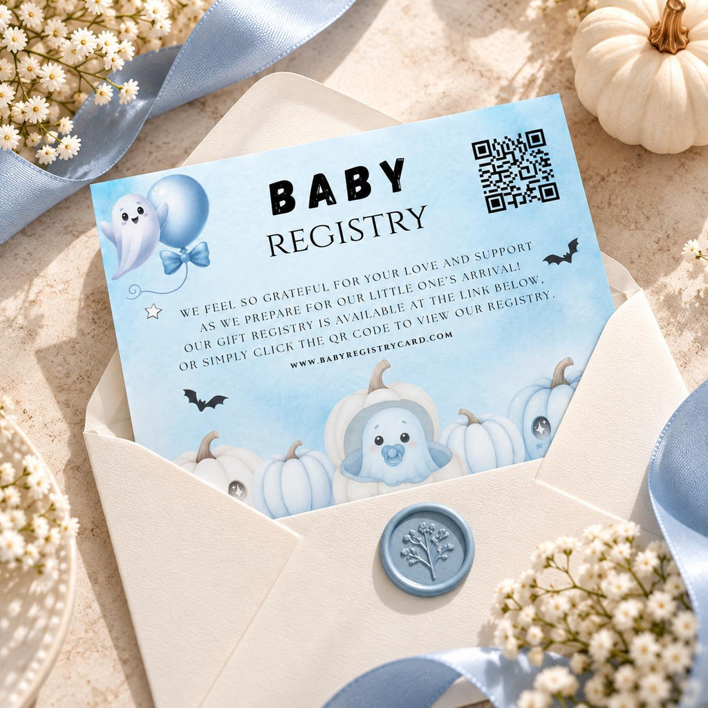 Little Boo Baby Shower Registry Card, Blue Halloween Baby Shower Insert, Editable Gift Registry QR Code Card, Printable 3.5x5