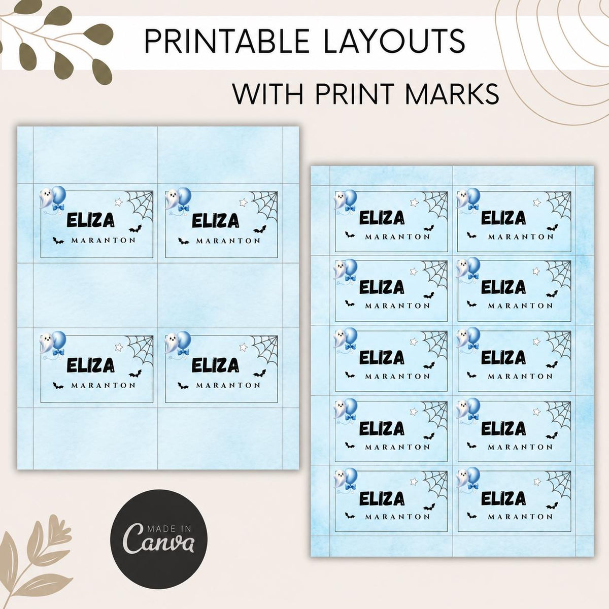 Little Boo Baby Shower Place Cards, Blue Ghost Halloween Editable Name Cards, Flat & Folded Table Cards, Digital Download