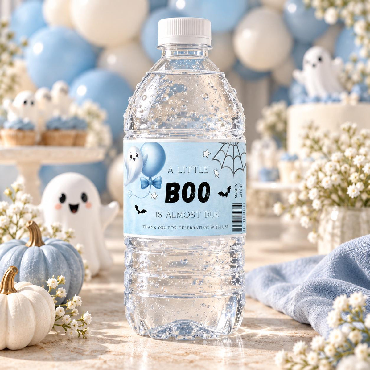 Little Boo Baby Shower Water Bottle Labels, Blue Ghost Halloween Bottle Wraps, Editable 8x2 Inch Printable Labels, Digital