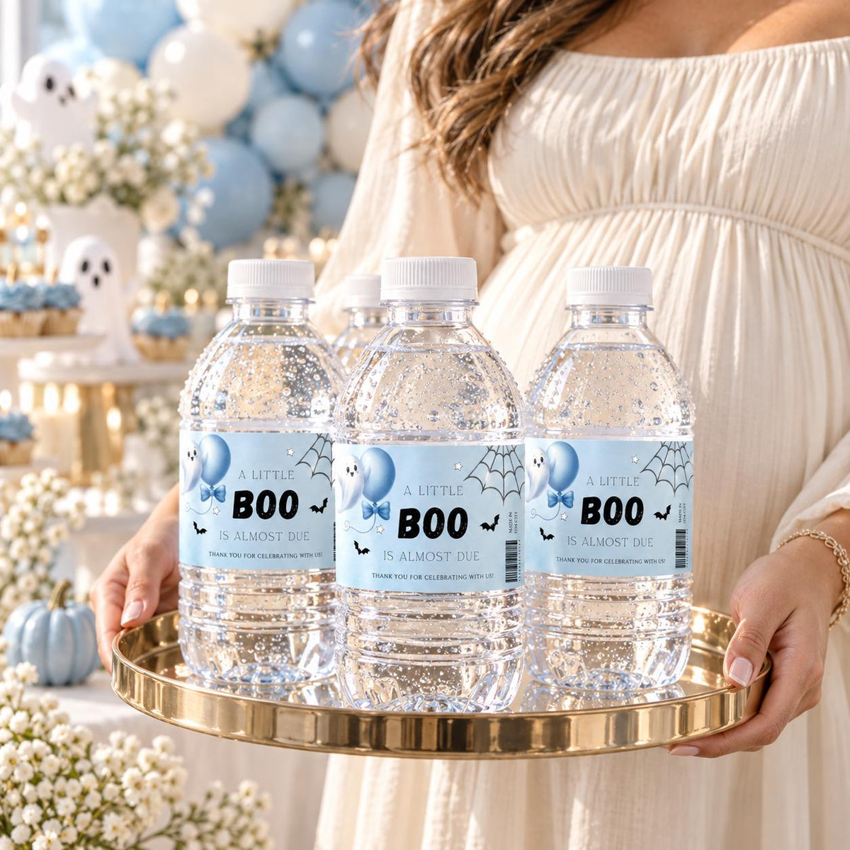 Little Boo Baby Shower Water Bottle Labels, Blue Ghost Halloween Bottle Wraps, Editable 8x2 Inch Printable Labels, Digital