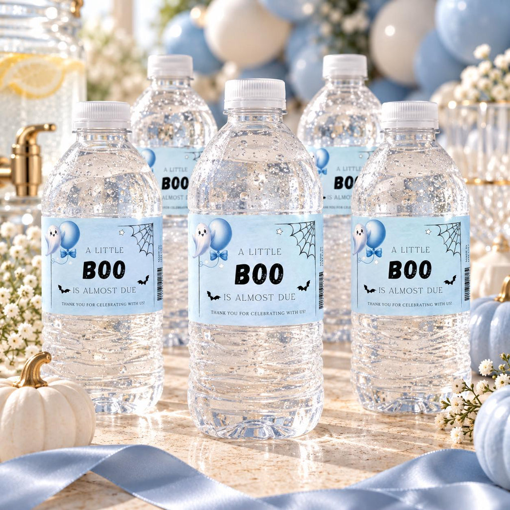 Little Boo Baby Shower Water Bottle Labels, Blue Ghost Halloween Bottle Wraps, Editable 8x2 Inch Printable Labels, Digital