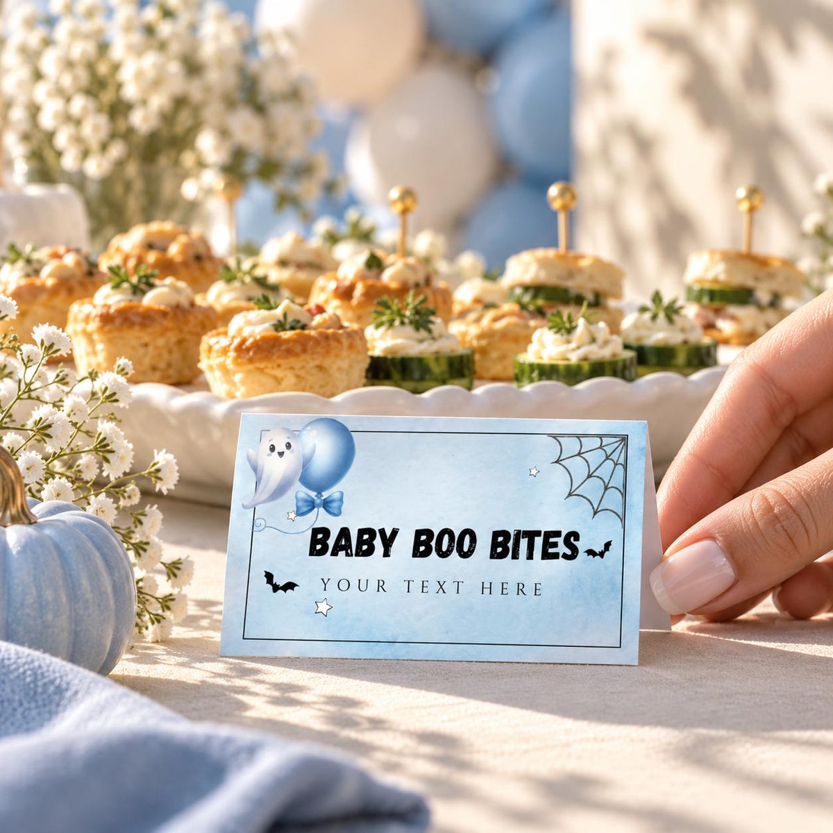 Little Boo Baby Shower Food Labels, Blue Ghost Halloween Buffet Cards, Editable Flat & Folded Table Labels, Digital Download