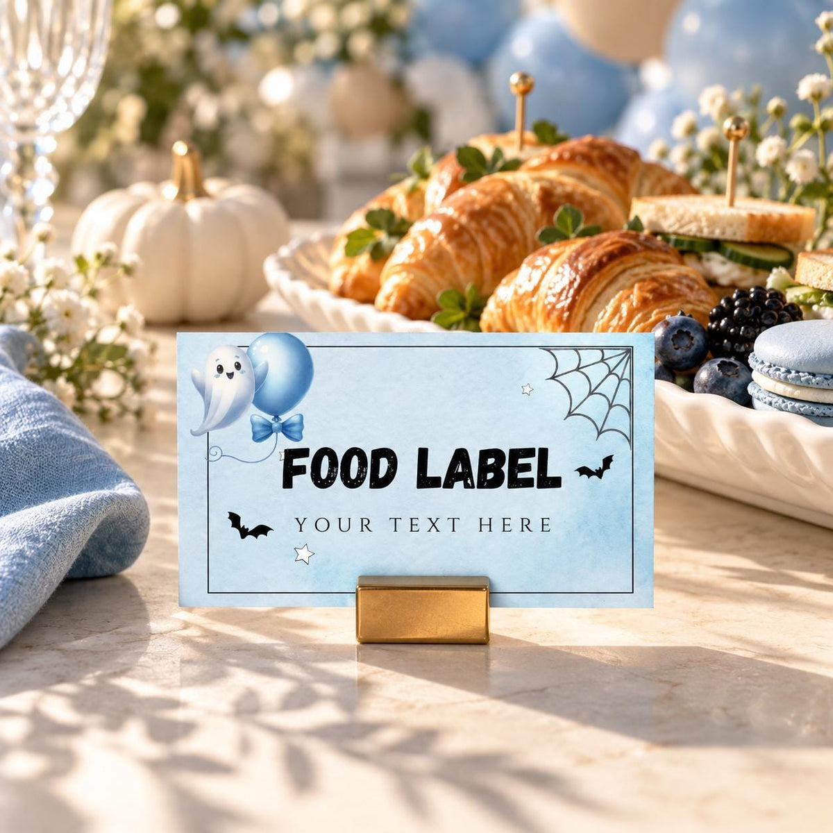 Little Boo Baby Shower Food Labels, Blue Ghost Halloween Buffet Cards, Editable Flat & Folded Table Labels, Digital Download