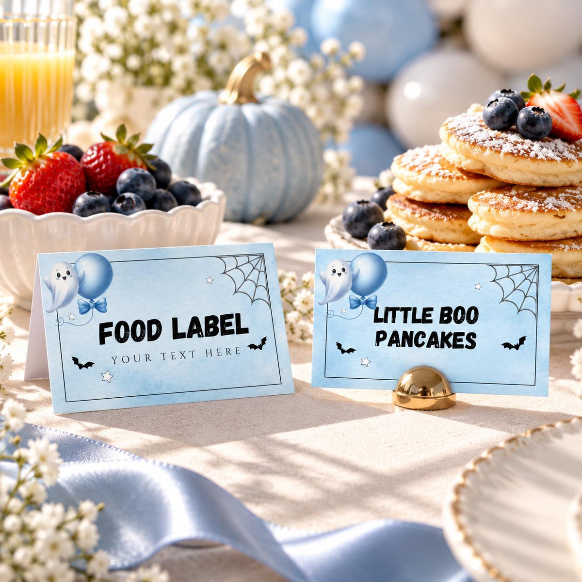 Little Boo Baby Shower Food Labels, Blue Ghost Halloween Buffet Cards, Editable Flat & Folded Table Labels, Digital Download