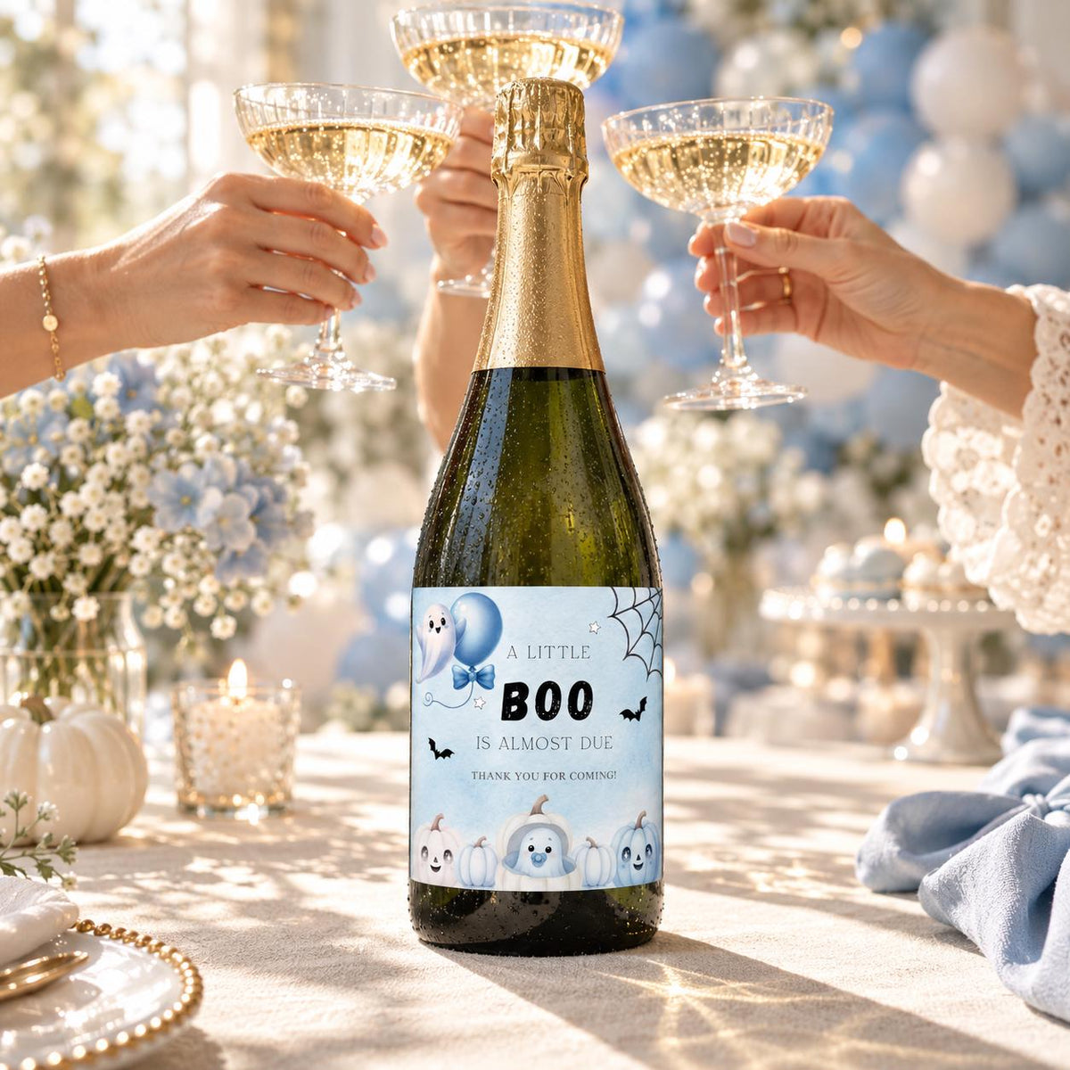 Little Boo Baby Shower Wine & Champagne Labels, Blue Halloween Ghost Bottle Stickers, Editable Baby Shower Drink Labels