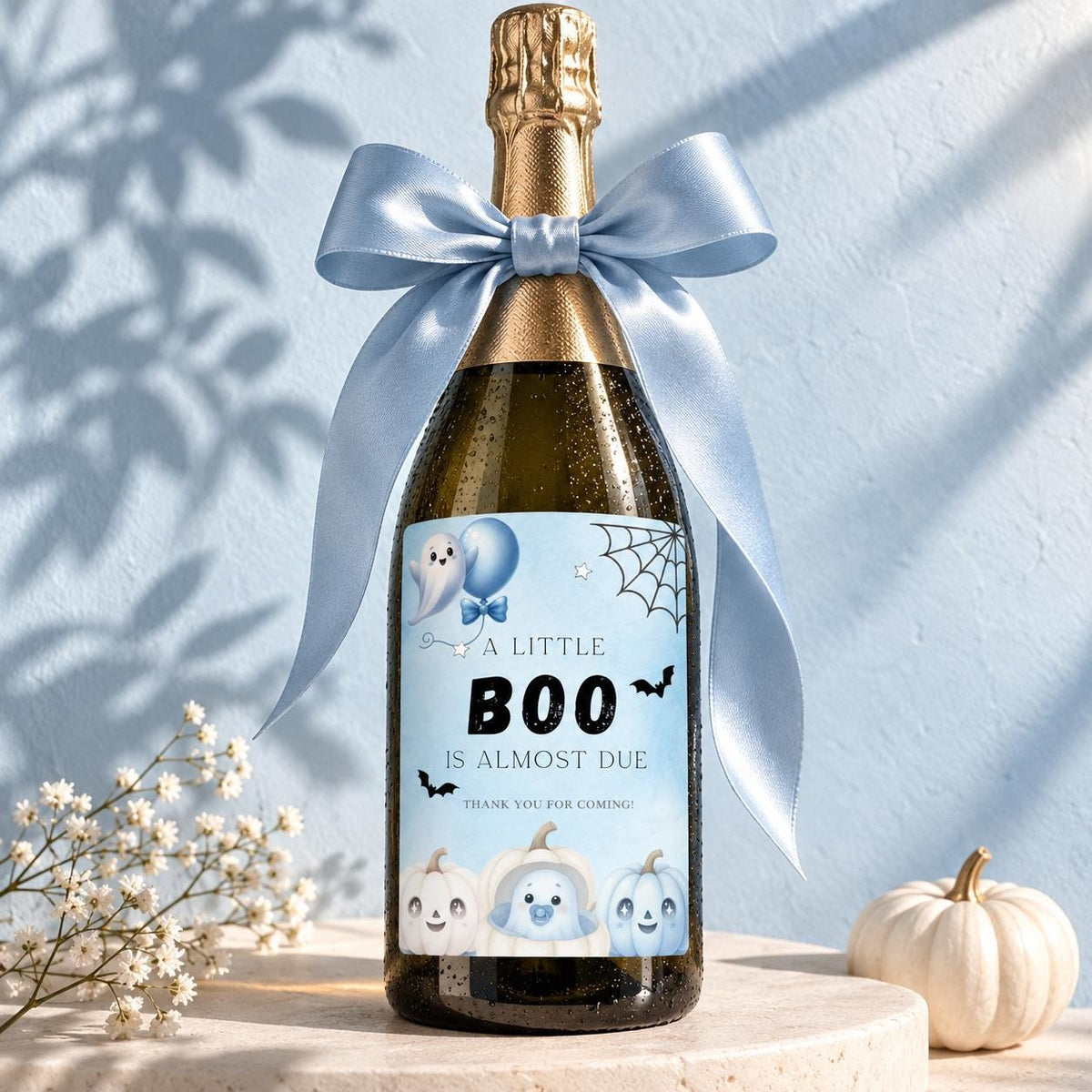 Little Boo Baby Shower Wine & Champagne Labels, Blue Halloween Ghost Bottle Stickers, Editable Baby Shower Drink Labels