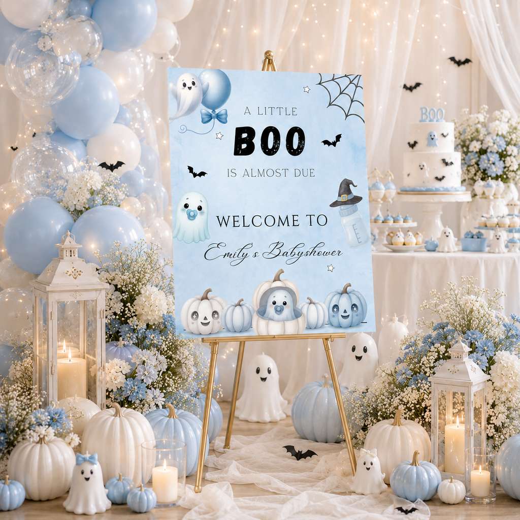 Little Boo Blue Baby Shower Welcome Sign