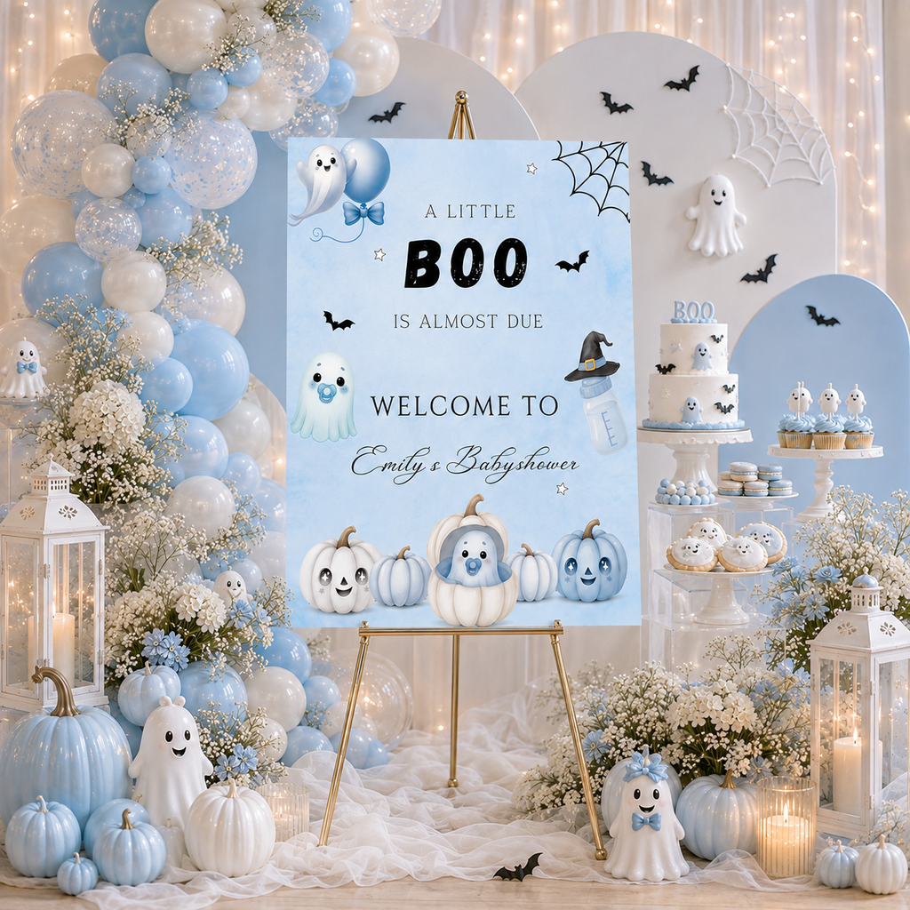 Little Boo Blue Baby Shower Welcome Sign