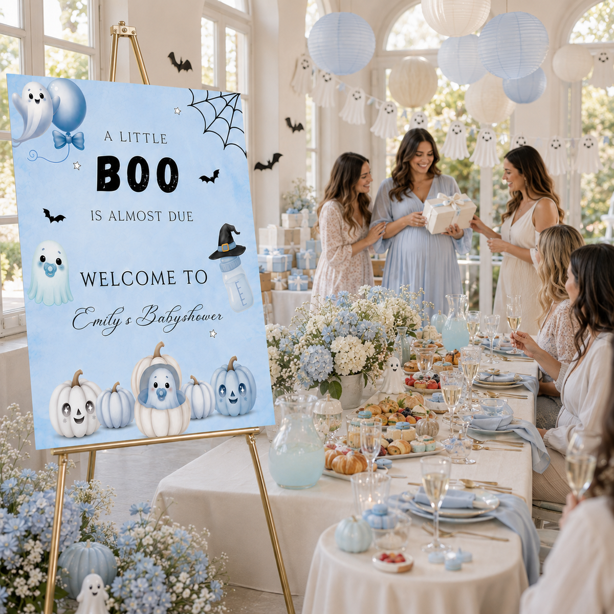 Little Boo Blue Baby Shower Welcome Sign